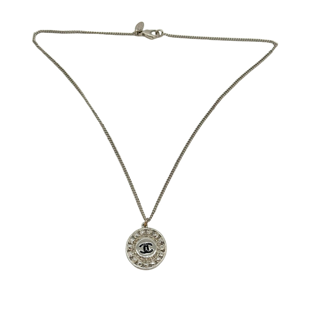 Chanel Vintage Cutout Double CC Coin Necklace Black Silver