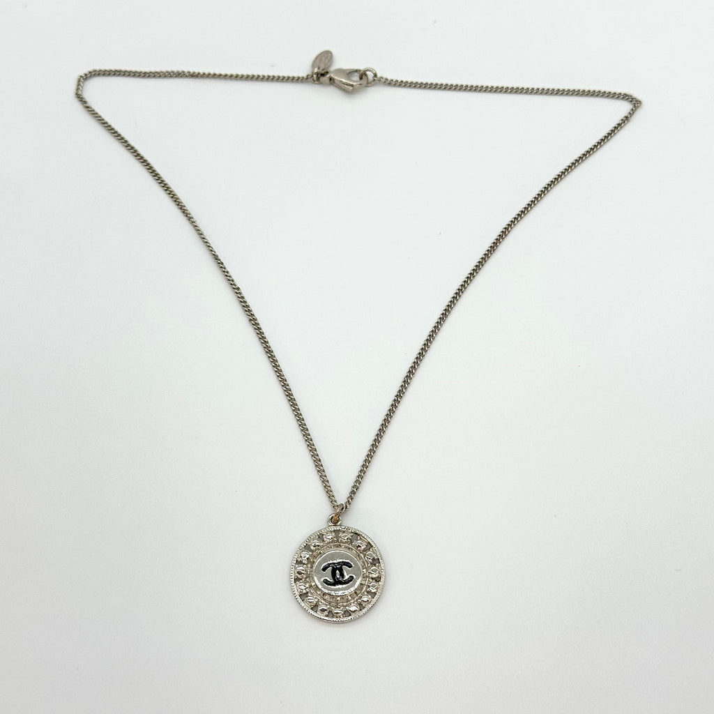 Chanel Vintage Cutout Double CC Coin Necklace Black Silver