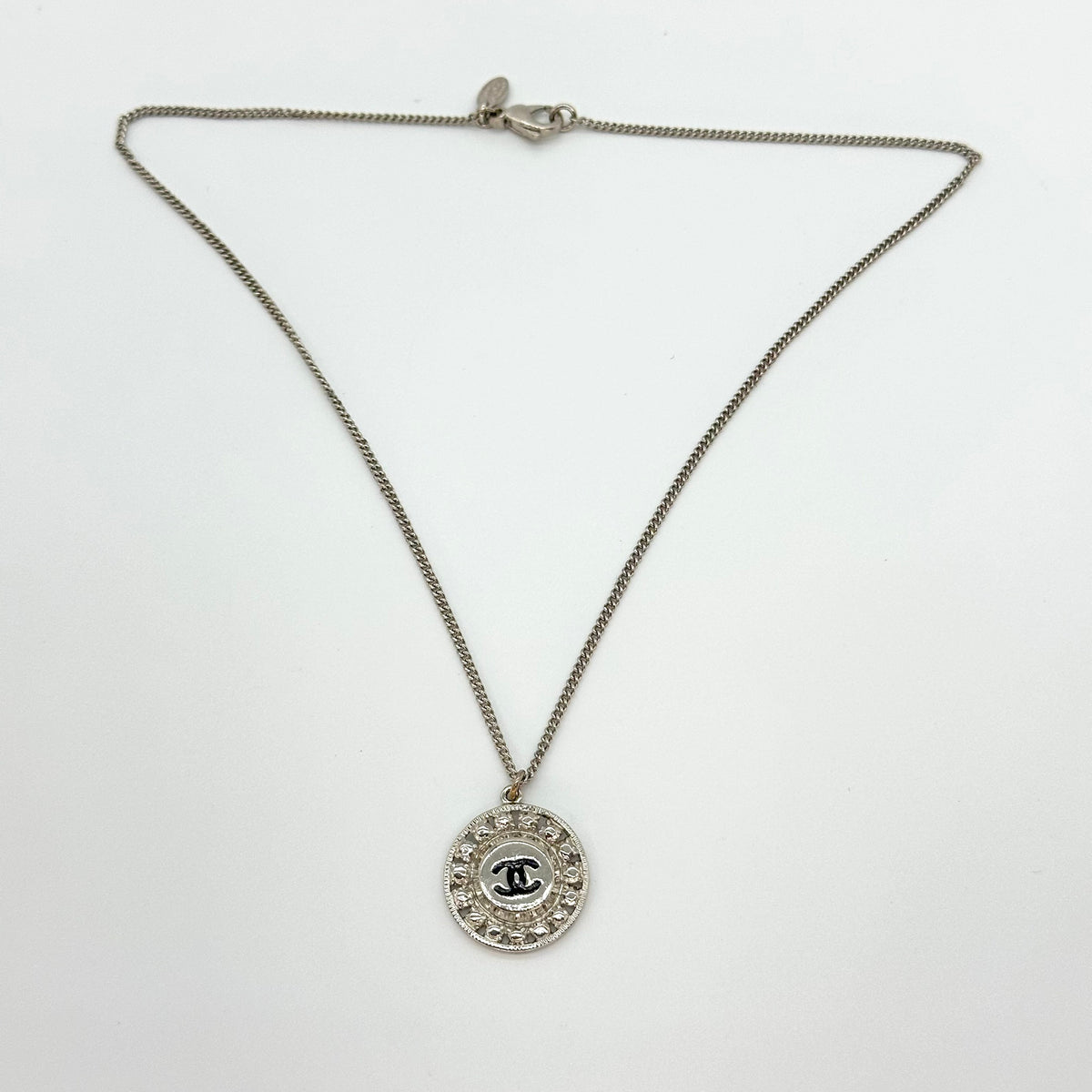 Chanel Vintage Cutout Double CC Coin Necklace Black Silver