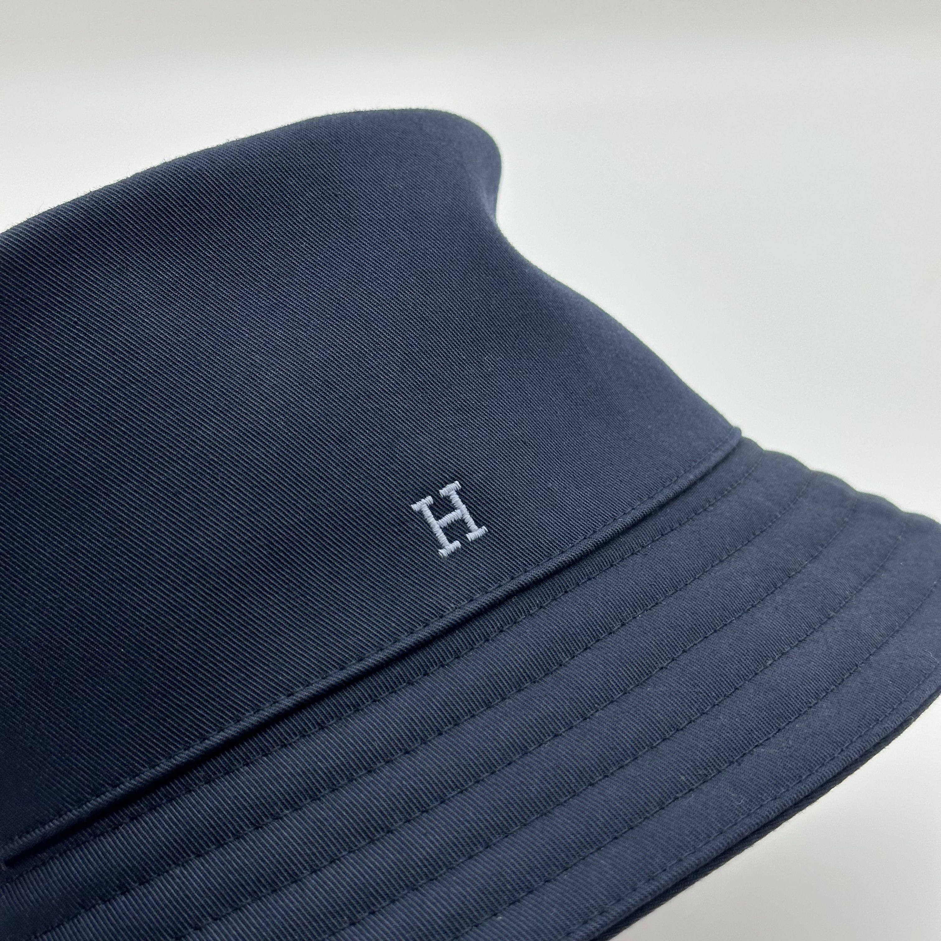 Hermes Fred H Navy Blue Cotton Bucket Hat Size 58 100%Cotton