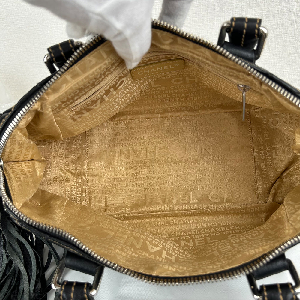 CHANEL Fringe Charm Handbag Mini Boston Bag Logo Embossed Coco Mark Engraved Silver Hardware Leather