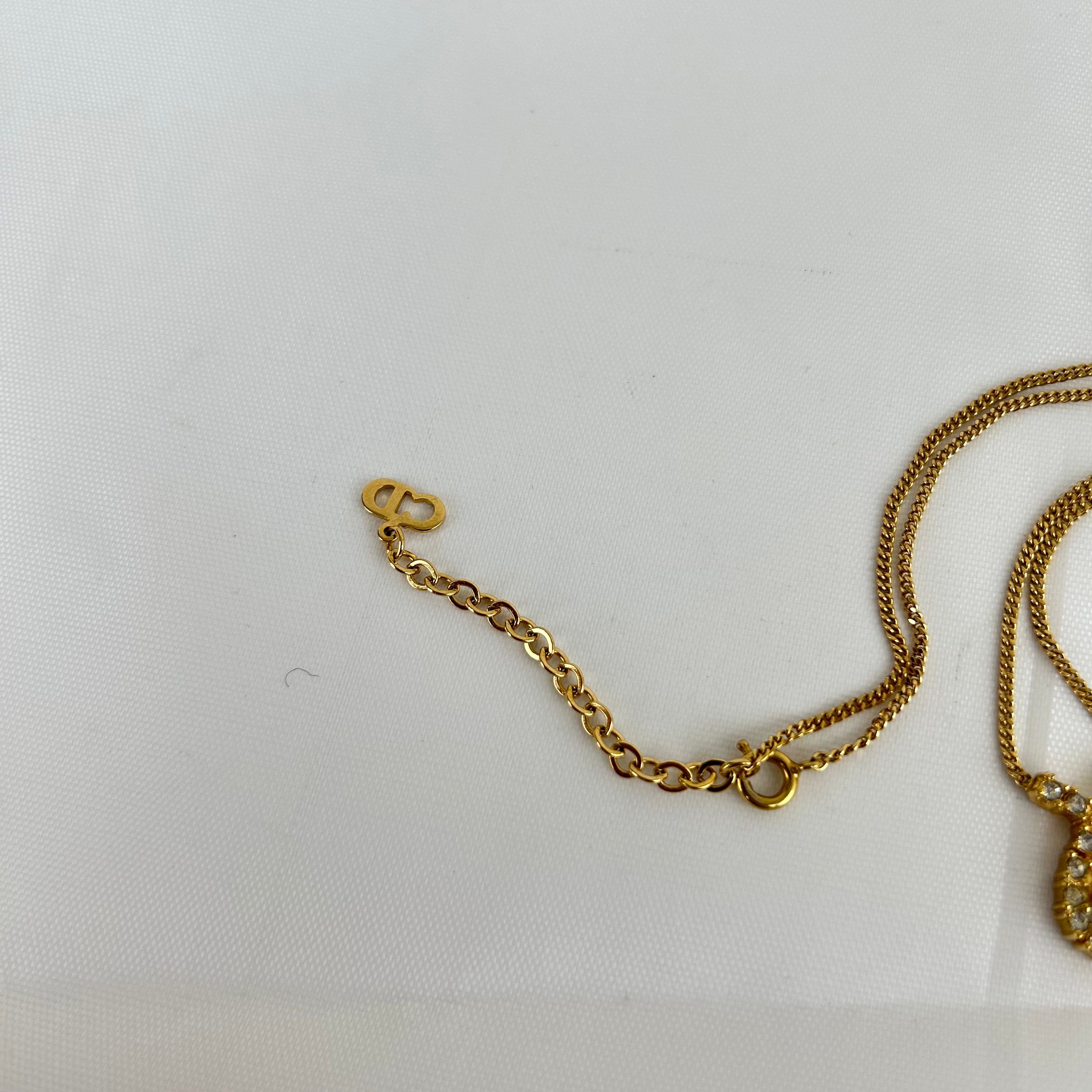 クリスチャン・ディオール Ribbon Motif ネックレス ゴールド カラー GP Rhinestone Pendant ヴィンテージ Jewelry