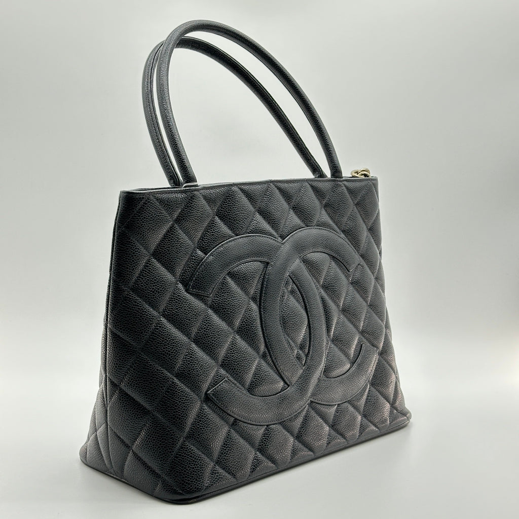 chanel black quilted caviar leather medallion tote bag