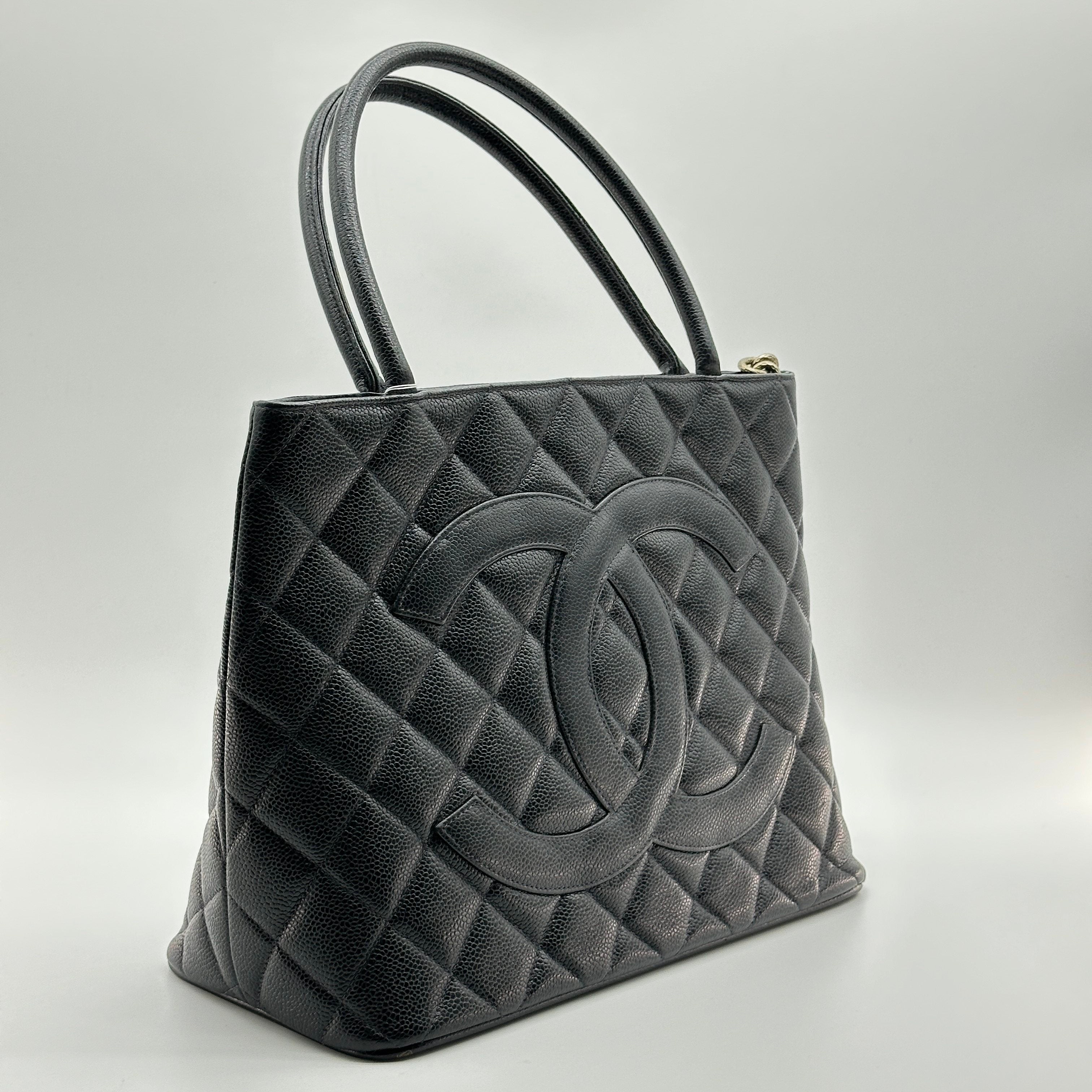 chanel black quilted caviar leather medallion tote bag