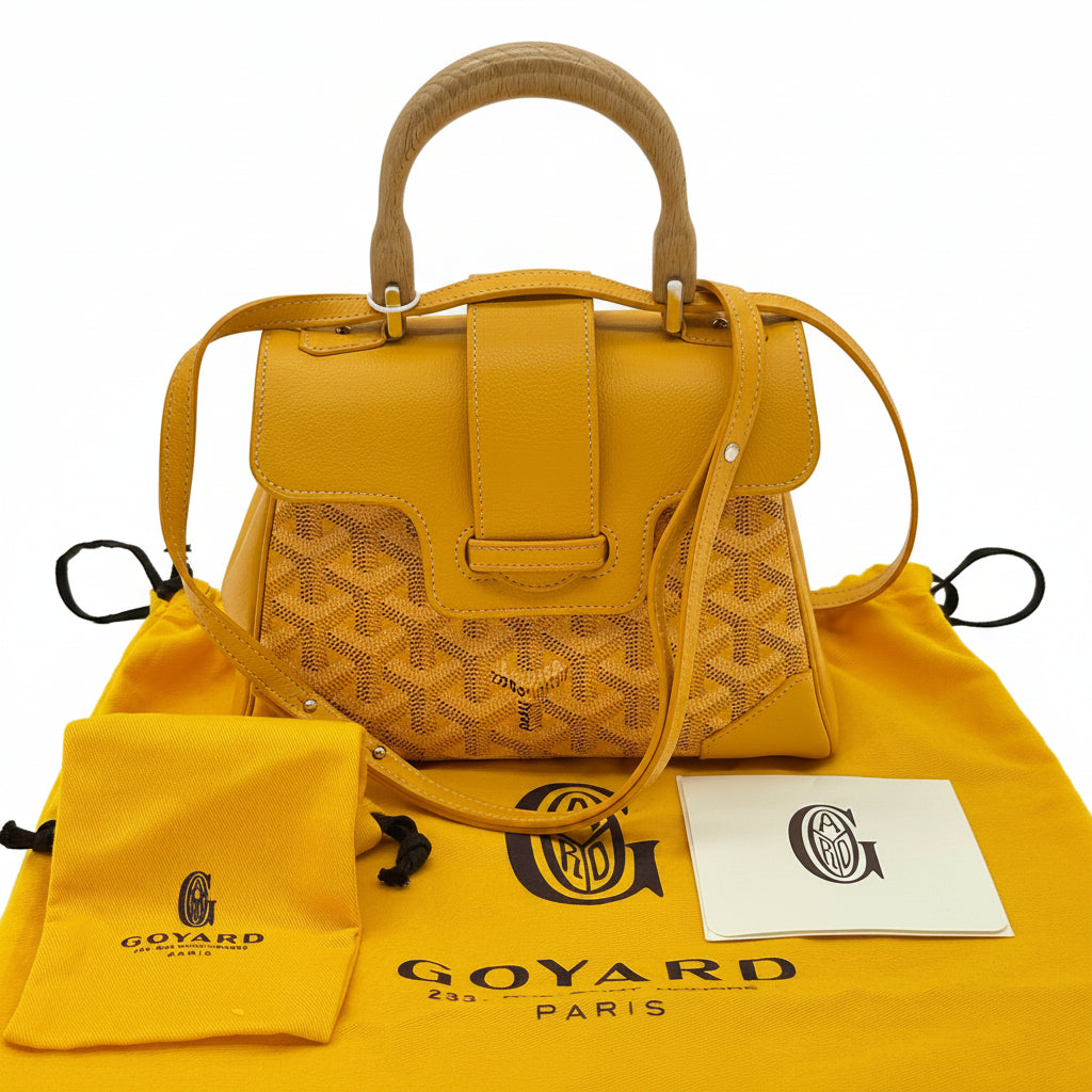 Goyard Saigon Mini Soft Wooden Handle Handbag Canvas and Leather 2-Way Shoulder Bag Yellow