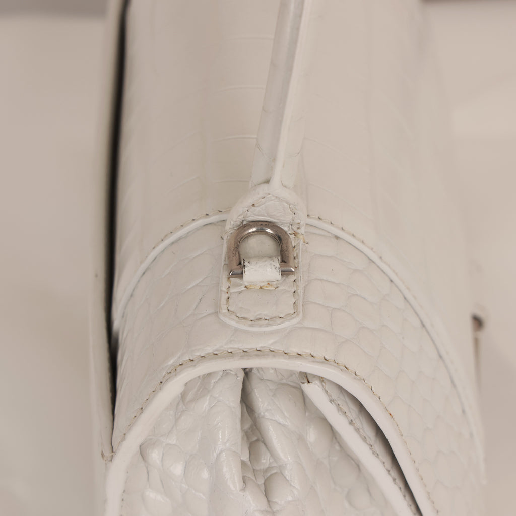 White Croc Embossed Leather Small Hourglass Top Handle Bag w/ Strap