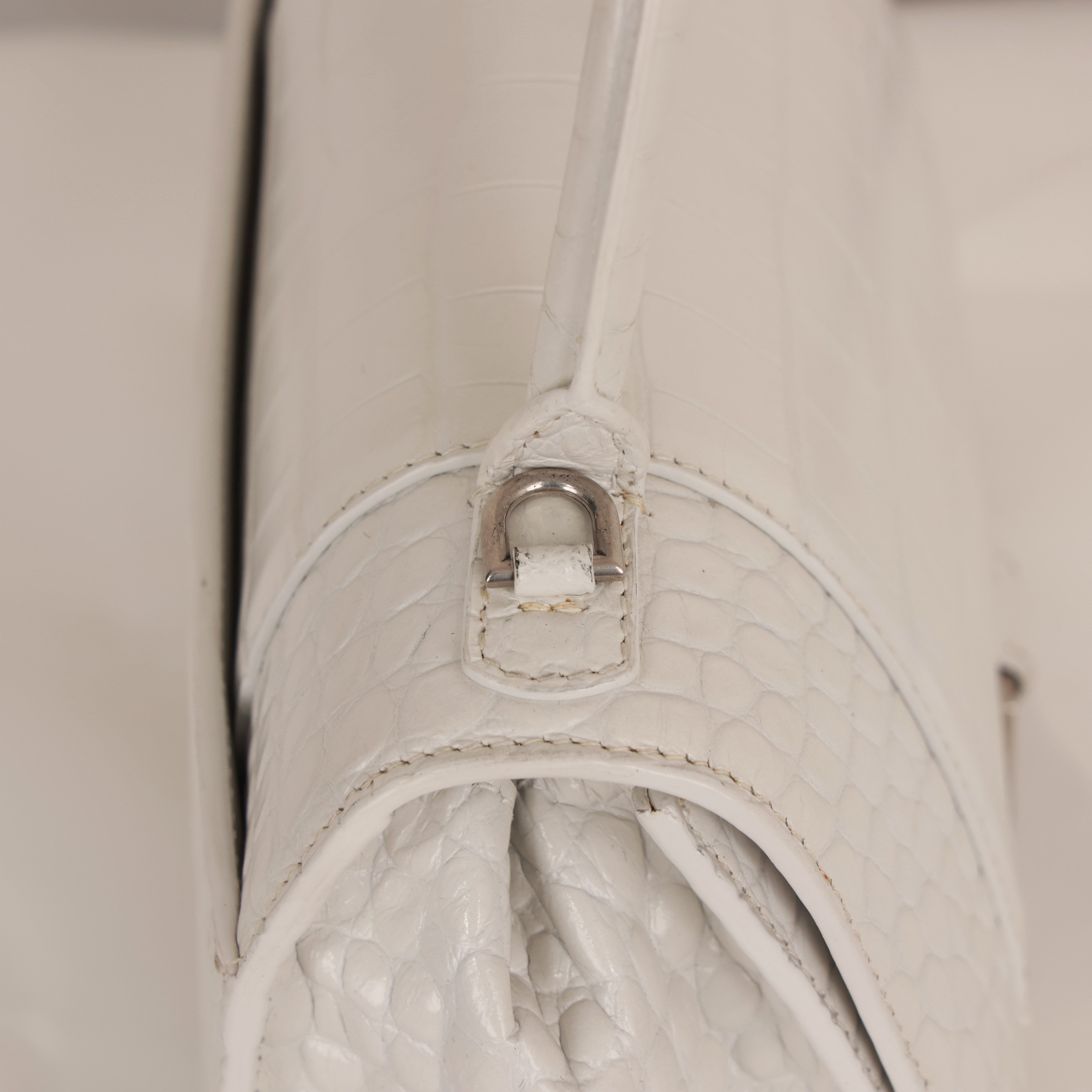 White Croc Embossed Leather Small Hourglass Top Handle Bag w/ Strap