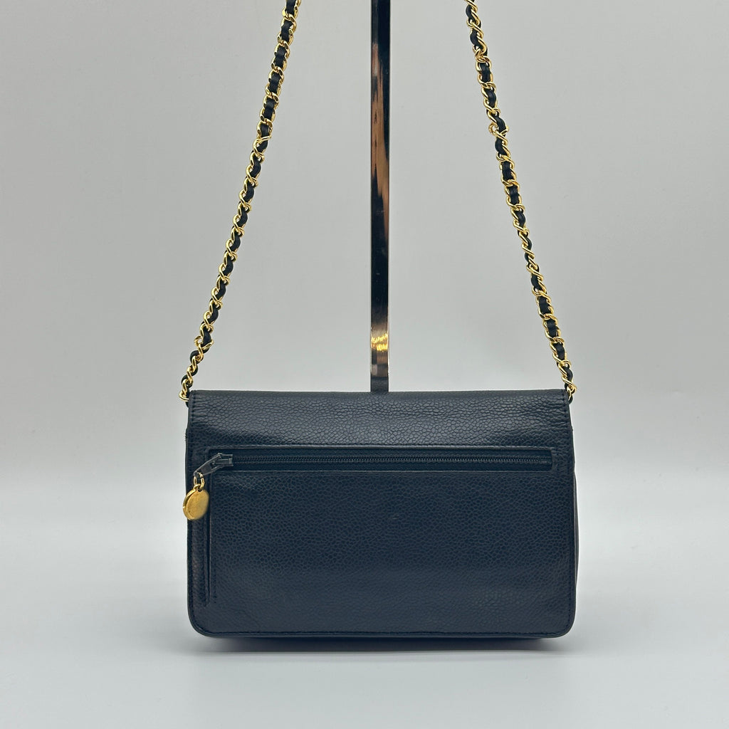 Chanel Coco Mark Caviar Leather Black Chain Wallet