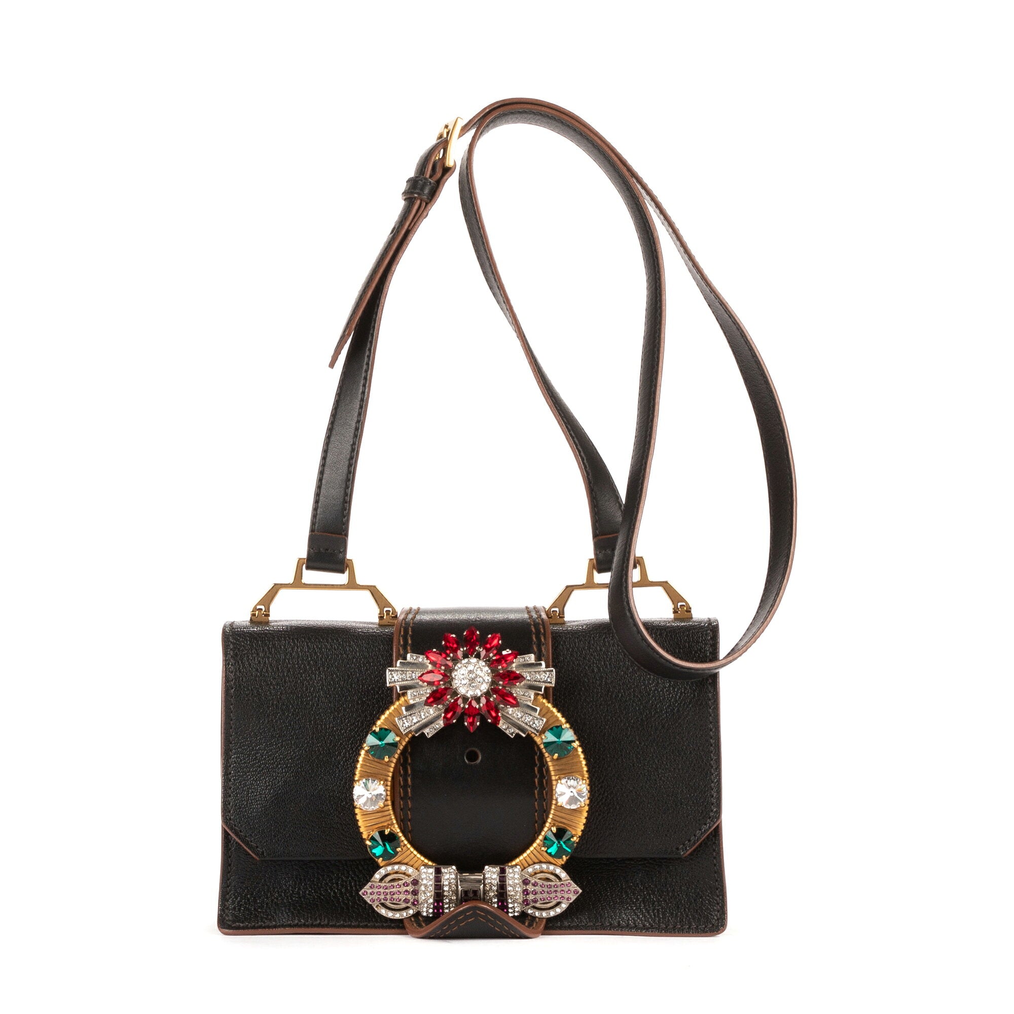 MIUMIU Black Madras Leather Crystal Embellished Buckle Flap Shoulder Bag